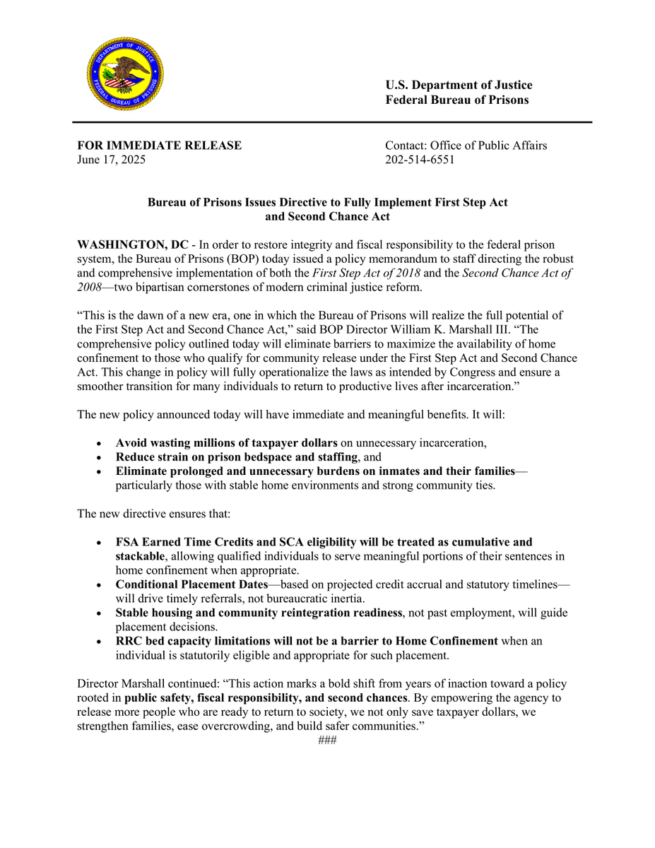 FAMM Foundation (@fammfoundation) on Twitter photo 🎉 Big news! <a href="/OfficialFBOP/">Federal Bureau of Prisons</a> Director Marshall issued new guidance on implementing the First Step Act & Second Chance Act to maximize use of home confinement! He also emphasized that FSA time and SCA time will be cumulative and stacked for conditional placement date calculations. 🎉 Big news! <a href="/OfficialFBOP/">Federal Bureau of Prisons</a> Director Marshall issued new guidance on implementing the First Step Act & Second Chance Act to maximize use of home confinement! He also emphasized that FSA time and SCA time will be cumulative and stacked for conditional placement date calculations.