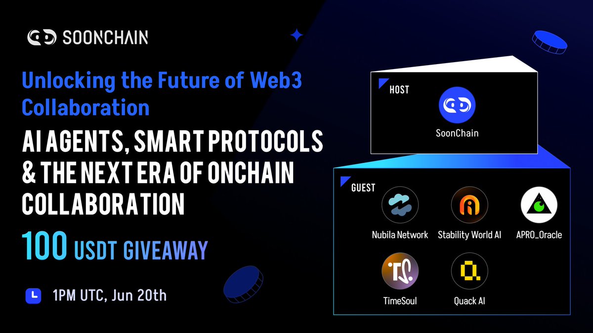 SoonChain 🟦 Testnet🔛 (@soonchain_ai) on Twitter photo 🗓 SoonChain Presents: Unlocking the Future of Web3 Collaboration
📅 Date: June 20th
⏰ Time: 1 PM UTC
🎙 Host: <a href="/soonchain_ai/">SoonChain 🟦 Testnet🔛</a>
🔗 𝐕𝐞𝐧𝐮𝐞: x.com/i/spaces/1ypKd…
💬 Topic: AI Agents, Smart Protocols & the Next Era of Onchain Collaboration
🎁 Rewards: $100 USDT for 10 lucky 🗓 SoonChain Presents: Unlocking the Future of Web3 Collaboration
📅 Date: June 20th
⏰ Time: 1 PM UTC
🎙 Host: <a href="/soonchain_ai/">SoonChain 🟦 Testnet🔛</a>
🔗 𝐕𝐞𝐧𝐮𝐞: x.com/i/spaces/1ypKd…
💬 Topic: AI Agents, Smart Protocols & the Next Era of Onchain Collaboration
🎁 Rewards: $100 USDT for 10 lucky