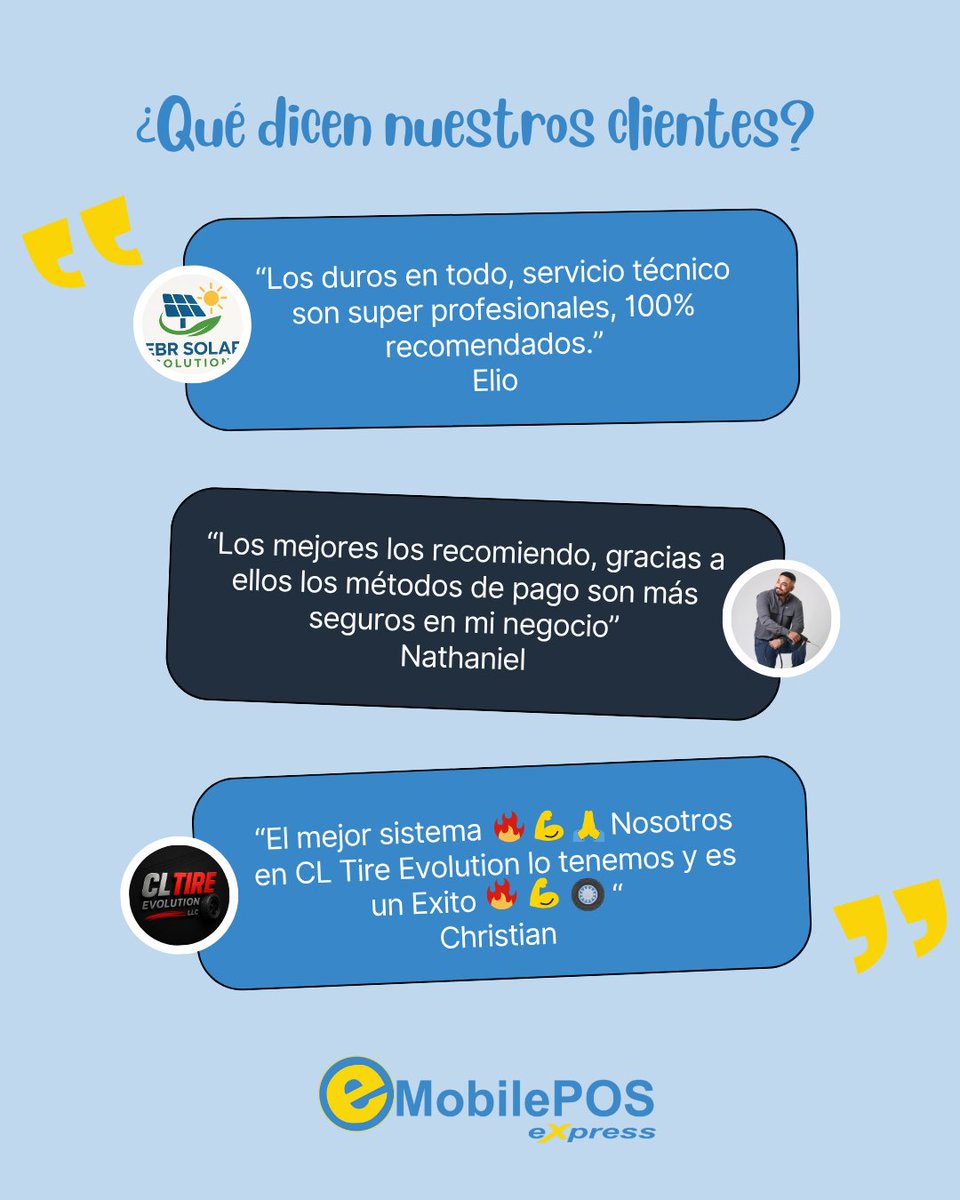 💬 ¿Qué dicen nuestros clientes?
Ellos ya usan eMobilePOS y esto es lo que opinan.
Gracias por confiar en nosotros. 🙌
#ClientesFelices #Testimonios #eMobilePOS