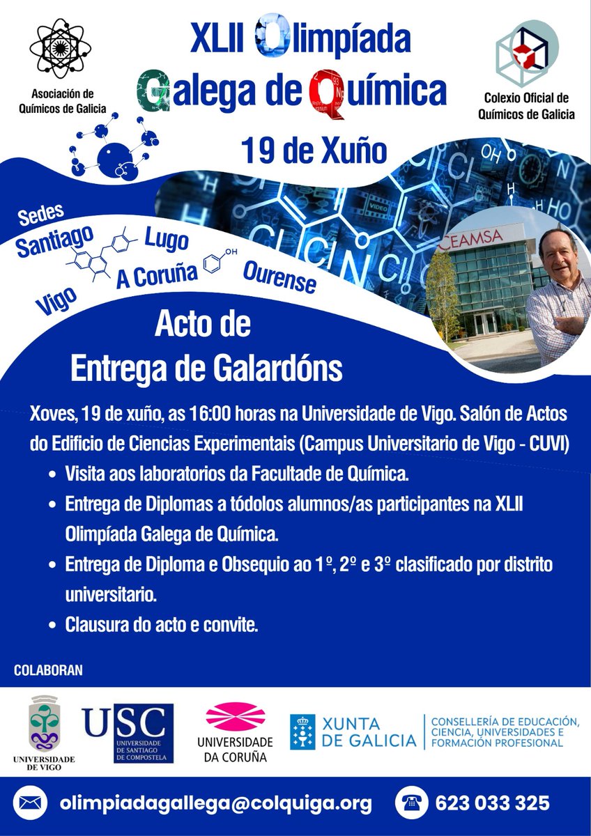 Colquiga (@colquiga) on Twitter photo ⌚__Mañana jueves, 19 de junio, a las 16.00 horas es el Acto de Entrega de Galardones de la XLII Olimpíada Galega de #Química.
🏛️__En el Salón de Actos del Edificio de Ciencias Experimentais de la <a href="/uvigo/">Universidade de Vigo</a>.
👏🏽👏🏽👏🏽Os esperamos!!! ⌚__Mañana jueves, 19 de junio, a las 16.00 horas es el Acto de Entrega de Galardones de la XLII Olimpíada Galega de #Química.
🏛️__En el Salón de Actos del Edificio de Ciencias Experimentais de la <a href="/uvigo/">Universidade de Vigo</a>.
👏🏽👏🏽👏🏽Os esperamos!!!