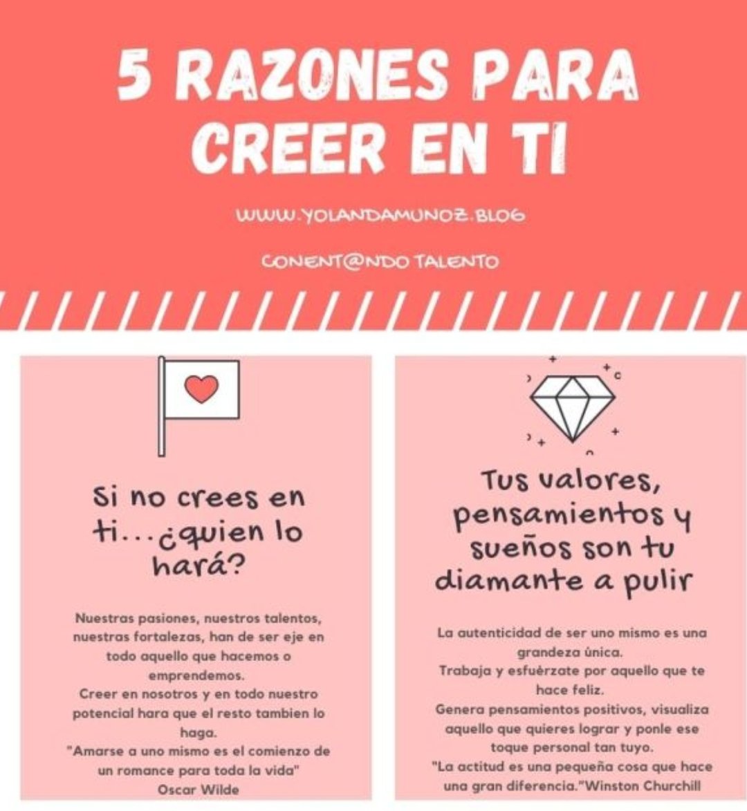 5 Razones para creer en tí:

- Si no crees en tí... quién lo hará? 

- Tus valores, sueños son tu
       diamante a pulir 💎

- No te define tu pasado sino tu
   futuro. 

- Plan de Acción y motivación
   siempre en On 💡

- Sé buena persona y rodéate de       gente vitamina 🤝