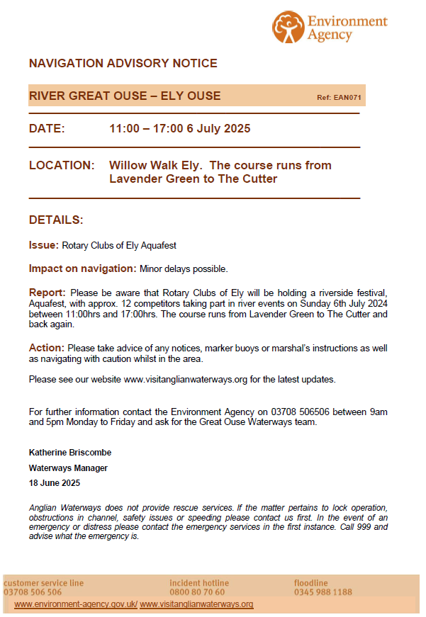 Please see our Navigation Advisory Notice for an event on the River Great Ouse - Ely Ouse.