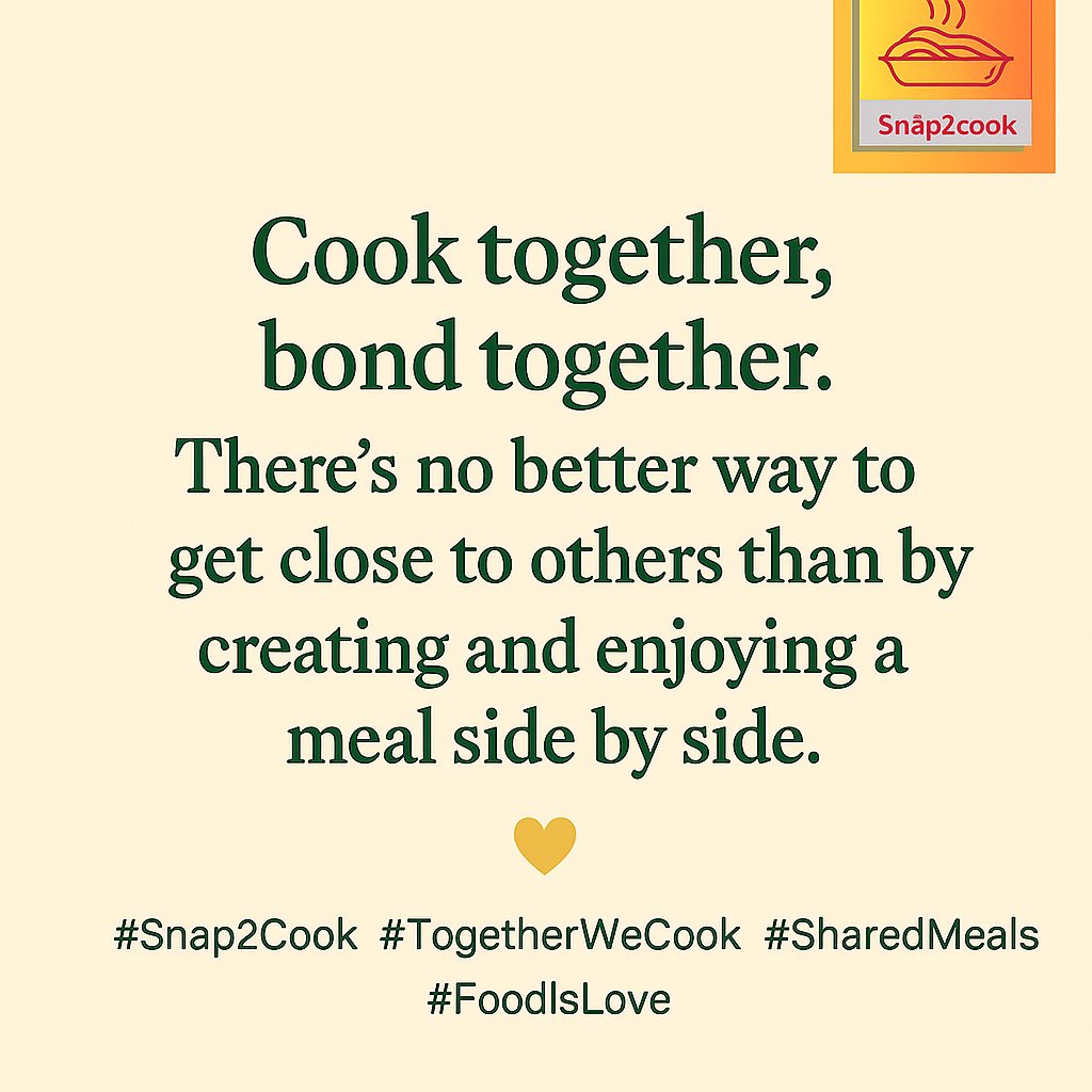 snap2cook's tweet image. At Snap2cook, we believe the kitchen is where true connection happens.
When we cook together, we’re not just making meals, we’re making memories. Let today be about sharing time, stories & love over food.
Download FREE & cook together.
#Snap2Cook #TogetherWeCook #FoodIsLove