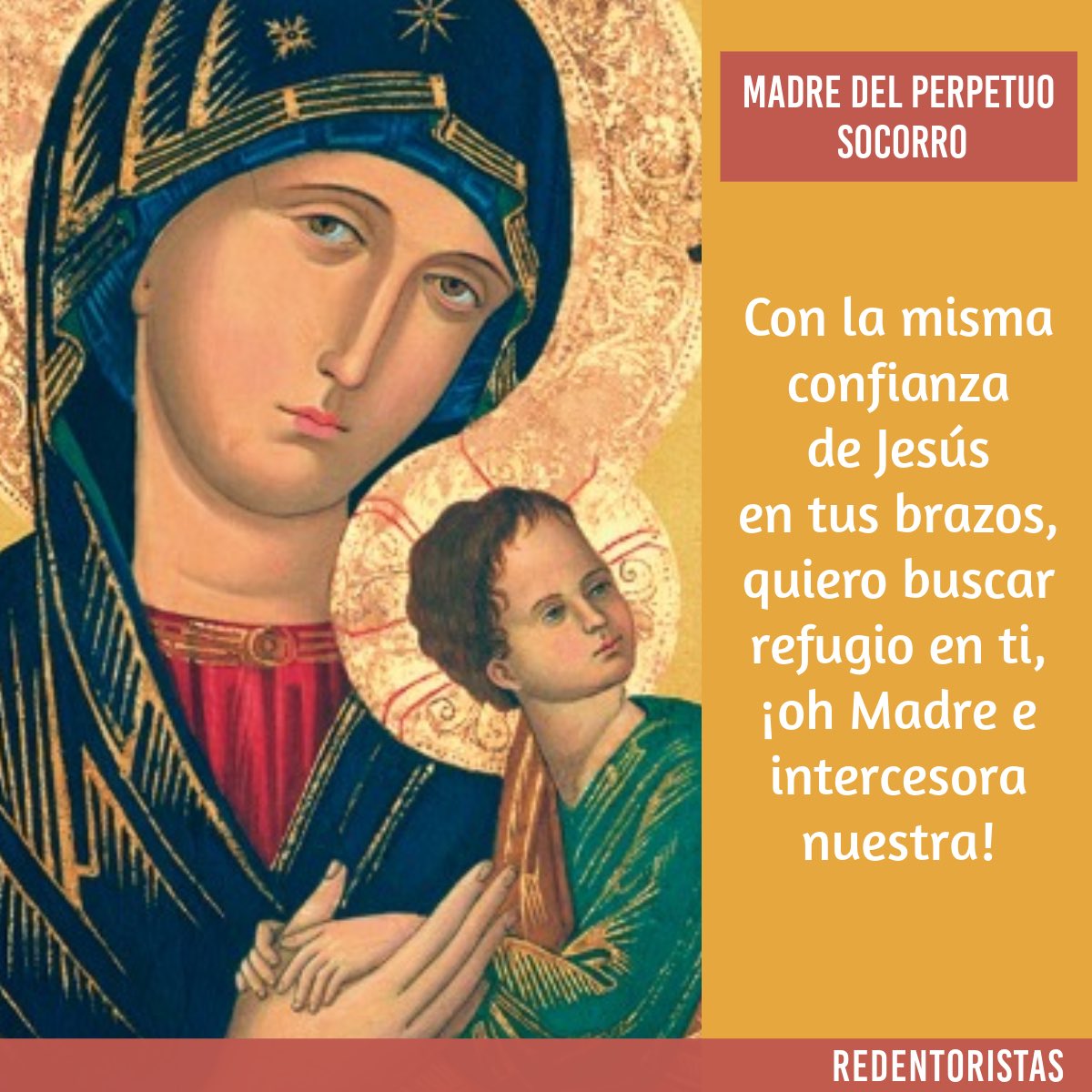PRIMER DÍA 
Hacemos juntos un camino espiritual, fijando nuestros ojos en María, acercándonos al misterio de su icono… hoy pedimos la gracia de la paciencia… Dios nos conceda la gracia de mantener la paz en el corazón en medio de toda circunstancia… 
#redentoristas