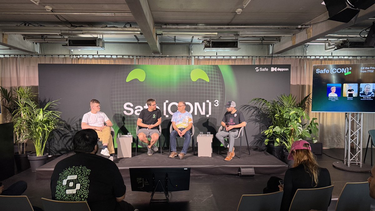 Safe.eth (@safe) on Twitter photo “We need to kill the private key”
Our panelists <a href="/kristofgazso/">Kristof Gazso | kristof.eth</a> <a href="/rimeissner/">Richard Meissner</a> <a href="/francescoswiss/">Francesco Andreoli | andreolf.ethᵍᵐ</a> and Dror Tirosh from <a href="/ethereumfndn/">Ethereum Foundation</a> discuss how we get to full account abstraction “We need to kill the private key”
Our panelists <a href="/kristofgazso/">Kristof Gazso | kristof.eth</a> <a href="/rimeissner/">Richard Meissner</a> <a href="/francescoswiss/">Francesco Andreoli | andreolf.ethᵍᵐ</a> and Dror Tirosh from <a href="/ethereumfndn/">Ethereum Foundation</a> discuss how we get to full account abstraction