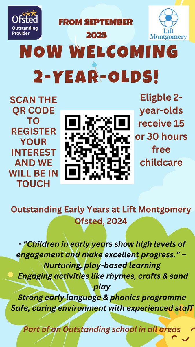 Nursery Places for 2-Year-Olds – Apply Now!
Spaces are filling up quickly — don’t miss out!
If you haven’t applied yet, simply scan the QR code on the poster to secure a place for your child in our OUTSTANDING Nursery this September.