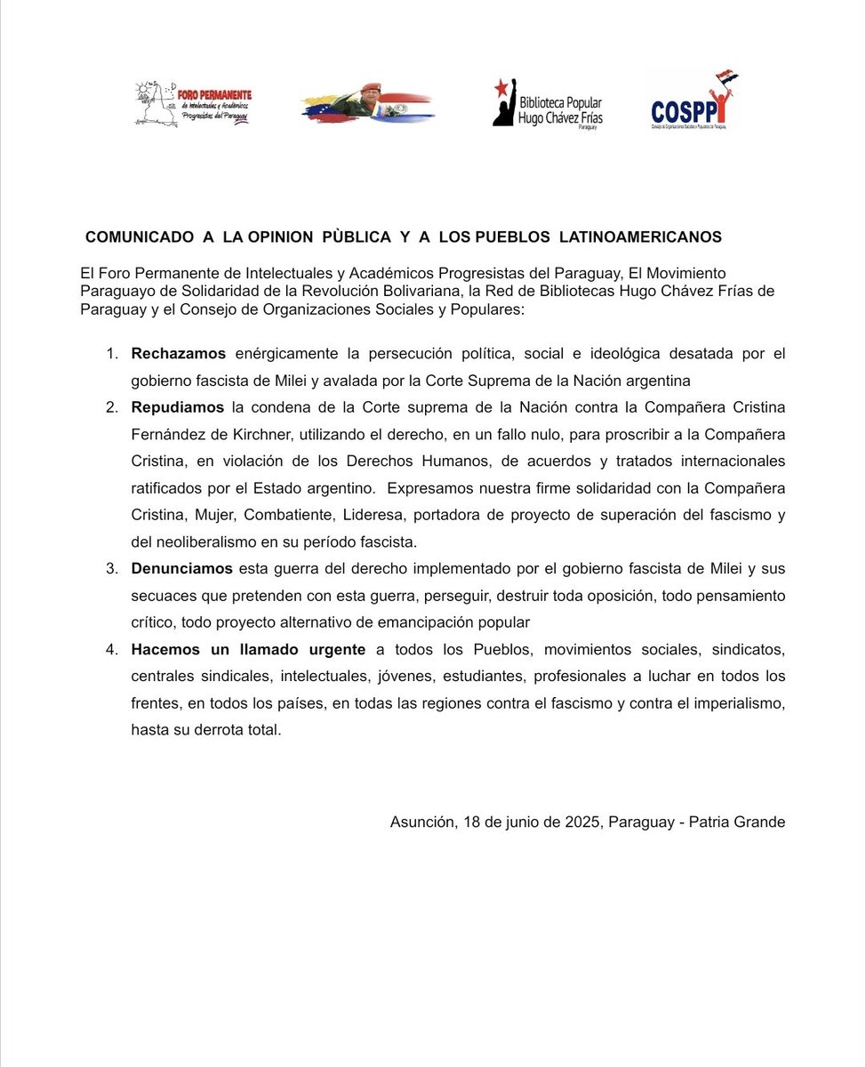 Consejo de Org Sociales y Populares del Paraguay (@cosp_py) on Twitter photo Libertad a <a href="/CFKArgentina/">Cristina Kirchner</a> una clara persecución política, social e ideológica.
Estamos contigo y abrazamos al Pueblo argentino que te acompaña.
#CristinaLibre #ArgentinaConCristina
<a href="/p_justicialista/">Partido Justicialista</a> Libertad a <a href="/CFKArgentina/">Cristina Kirchner</a> una clara persecución política, social e ideológica.
Estamos contigo y abrazamos al Pueblo argentino que te acompaña.
#CristinaLibre #ArgentinaConCristina
<a href="/p_justicialista/">Partido Justicialista</a>