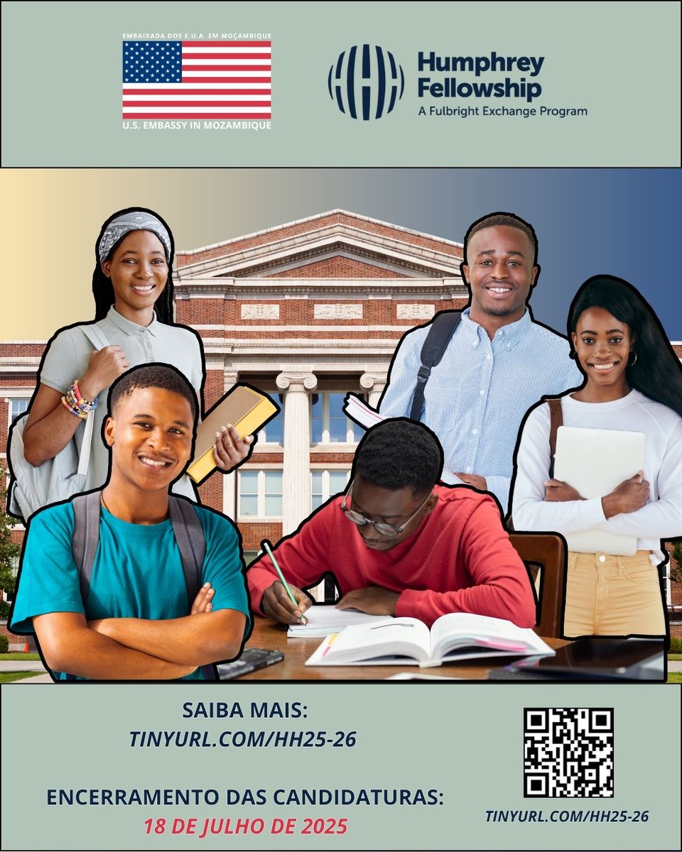 Humphrey Fellowship 2026-2027 — a one-year program fostering academic and professional growth in the USA. Apply by 07/18/2025 and take the next step in your career!
More info and application: apply.iie.org/huberthhumphrey
Details: tinyurl.com/HH25-26
#EstamosJuntos🇺🇸🇲🇿