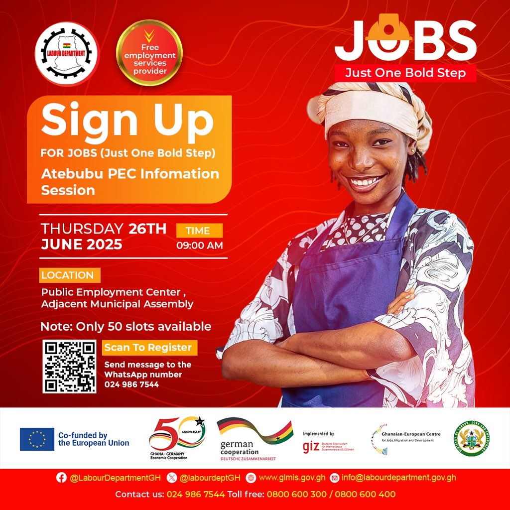 Take that bold step towards your dream! 

Join us at the Atebubu Public Employment Center for an educative Information Session on June 26th, 2025, at 9:00am. 

Register by scaning the QR code now and unlock your dream opportunity! 

#JOBSroadshow #JustOneBoldStep