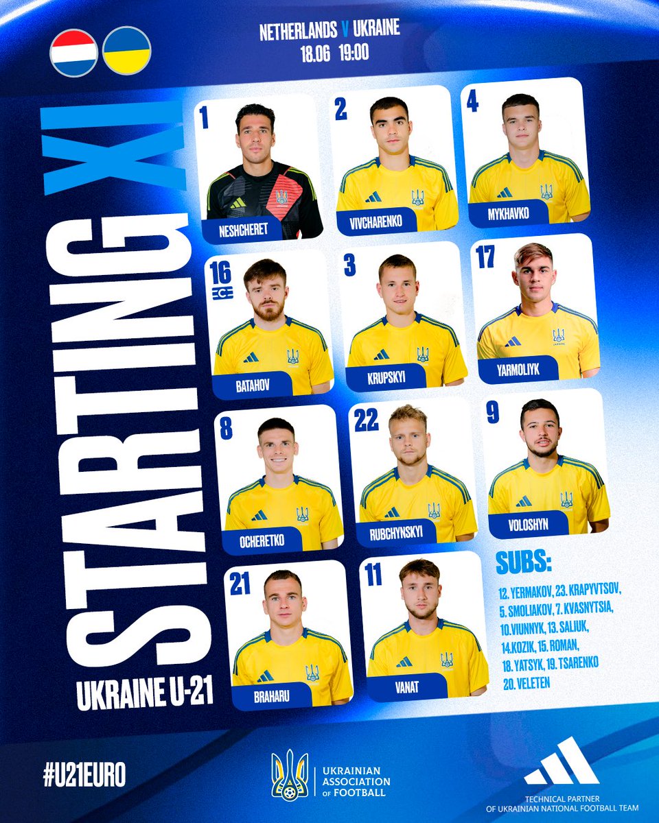 Starting XI 🇳🇱🇺🇦

 <a href="/UEFAMensYouth/">UEFA Men's Youth</a> 
#U21EURO 
#U21