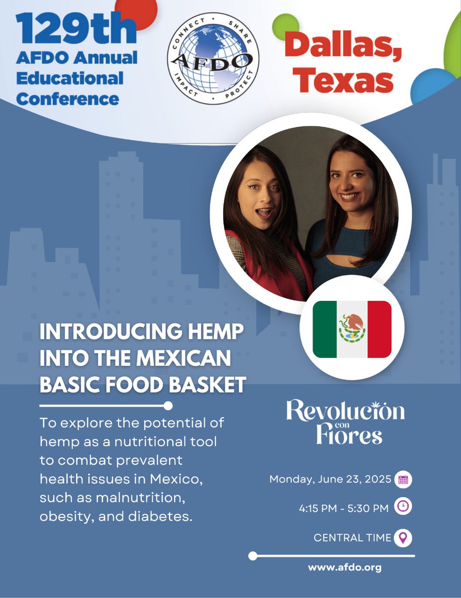 We are proud to announce <a href="/revconflores/">Revolución con flores</a> participation at the 129th <a href="/afdonews/">AFDO</a> Cannabis Session to Introducing Hemp into the Mexican Basic Food Basket.
Join the conversation this June 23rd at Dallas,Texas - Virtual session and live Q&amp;A. Get your tickets on afdo.org