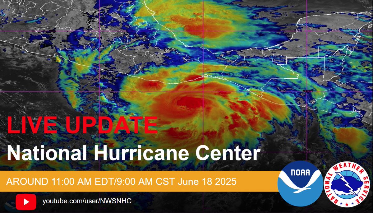 NWSNHC's tweet image. The National Hurricane Center Director Dr. Michael Brennan will provide a LIVE update on Hurricane #Erick around 11:00 AM EDT/9:00 AM CST. Please join us on Facebook Live, Instagram and the NHC YouTube Page. youtube.com/user/NWSNHC
Hurricanes.gov/#Erick