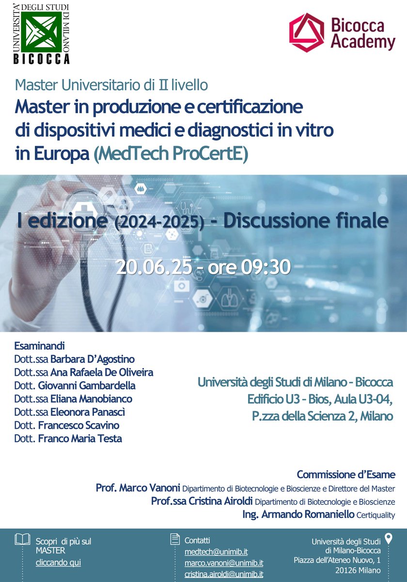Discussione finale: #Master in produzione e certificazione di dispositivi medici e diagnostici in vitro in Europa" (MedTech ProCertE) #BtBsMaster  #BtBsUNIMIB, 20.06.25, 09:30 <a href="/unimib/">Università degli Studi di Milano-Bicocca</a> , U3–BIOS, Aula U3-04, Milano. Partecipazione aperta a tutti. tinyurl.com/yf8a92r8