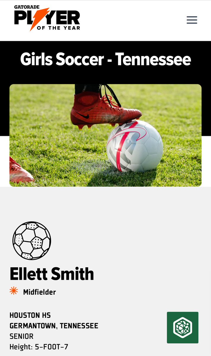Please join me in congratulating Ellet Smith as the Tennessee Gatorade Player of the Year for girls soccer!  Big time honor and well deserved 💪🏾 🤩<a href="/ImCollegeSoccer/">College Soccer Truth ™</a> <a href="/memphisnews/">Commercial Appeal</a> <a href="/ladygoalweek/">Lady Goal of the Week</a> <a href="/TSC09GECNL/">Tennessee SC 09G ECNL</a> <a href="/TSC08GECNL/">TSC 08 Girls ECNL</a> <a href="/ECNLgirls/">ECNL Girls</a> <a href="/VandySoccer/">Vanderbilt Soccer</a>