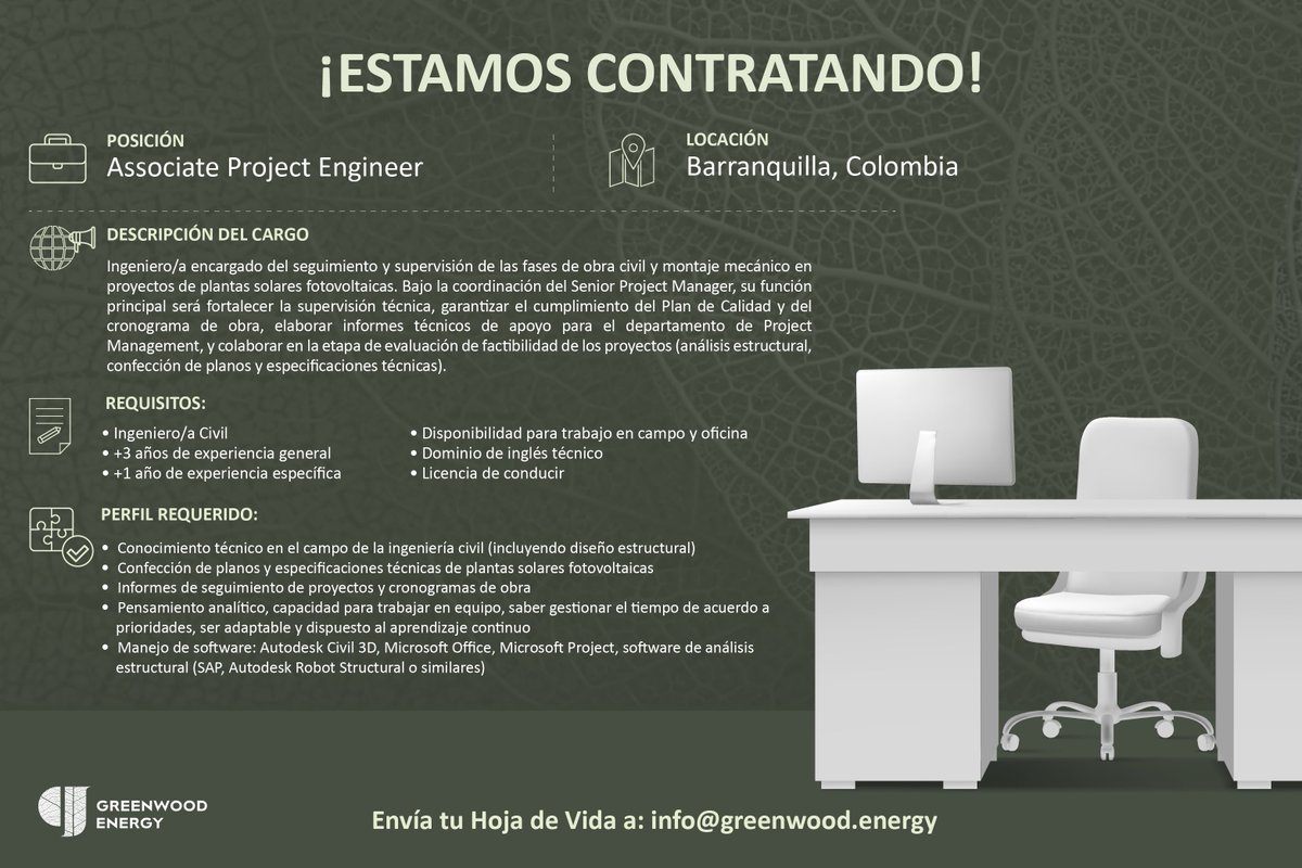 Greenwood Energy (@greenwoodenergy) on Twitter photo #OportunidadLaboral🚨 Buscamos un/a Associate Project Engineer en Barranquilla, Colombia para supervisar obras civiles y montaje mecánico en plantas solares. Si eres Ingeniero/a Civil con experiencia y pasión por las energías renovables, envíanos tu CV a 📩 info@greenwood.energy #OportunidadLaboral🚨 Buscamos un/a Associate Project Engineer en Barranquilla, Colombia para supervisar obras civiles y montaje mecánico en plantas solares. Si eres Ingeniero/a Civil con experiencia y pasión por las energías renovables, envíanos tu CV a 📩 info@greenwood.energy