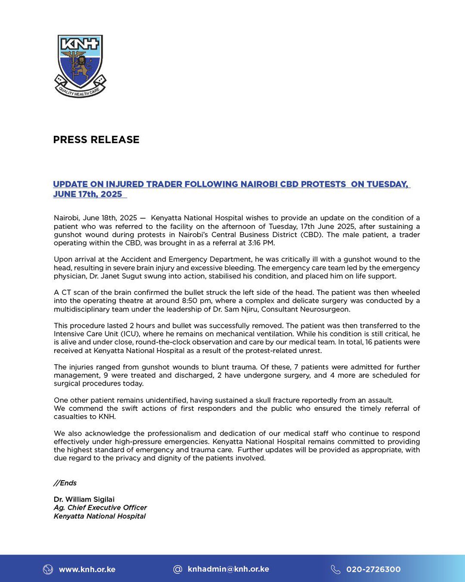 Nyandia Gachago, ACIM (@nyandia_g) on Twitter photo Statement from <a href="/KNH_hospital/">Kenyatta National Hospital</a>
Keep him Safe.
Bless the Doctors, Nurses, Cleaners, Guards. Everyone who does good at KNH.
#JusticeForBonifaceKariuki Statement from <a href="/KNH_hospital/">Kenyatta National Hospital</a>
Keep him Safe.
Bless the Doctors, Nurses, Cleaners, Guards. Everyone who does good at KNH.
#JusticeForBonifaceKariuki