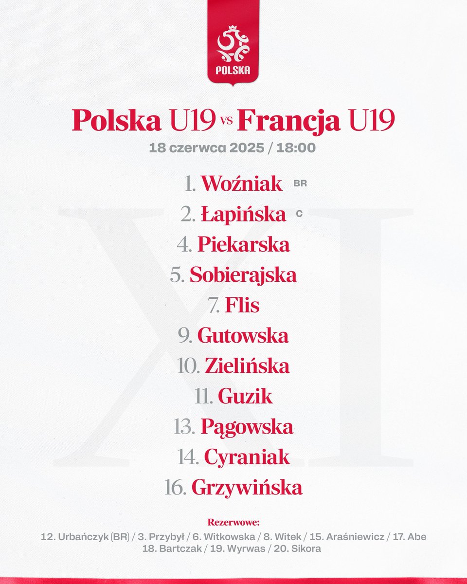 🆕 SKŁAD 
W takim zestawieniu zagramy z Francją! 

📺 TVP Sport 
__
#POLFRA 🇵🇱🇫🇷
#LevelTheField #U19WEURO