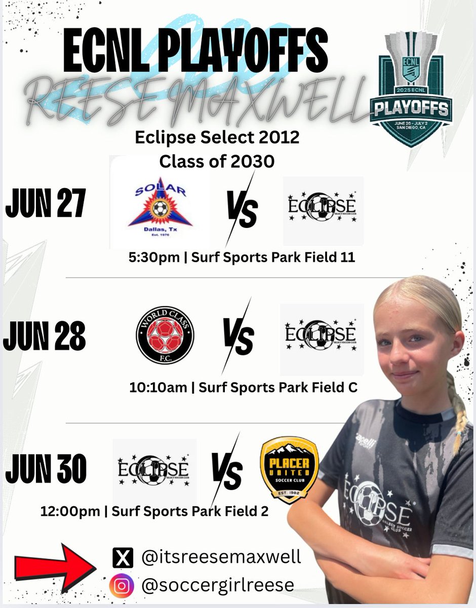 Reese Maxwell (@itsreesemaxwell) on Twitter photo Canβt wait to head to San Diego next week with my <a href="/EclipseSelectSC/">Eclipse Select SC</a> teammates for <a href="/ECNLgirls/">ECNL Girls</a> playoffs! Letβs go!!
<a href="/TheSoccerWire/">SoccerWire</a> <a href="/TopDrawerSoccer/">TopDrawerSoccer</a> <a href="/girlssoccernet/">Girls Soccer Network</a> <a href="/PrepSoccer/">Prep Soccer β½οΈ</a> Canβt wait to head to San Diego next week with my <a href="/EclipseSelectSC/">Eclipse Select SC</a> teammates for <a href="/ECNLgirls/">ECNL Girls</a> playoffs! Letβs go!!
<a href="/TheSoccerWire/">SoccerWire</a> <a href="/TopDrawerSoccer/">TopDrawerSoccer</a> <a href="/girlssoccernet/">Girls Soccer Network</a> <a href="/PrepSoccer/">Prep Soccer β½οΈ</a>