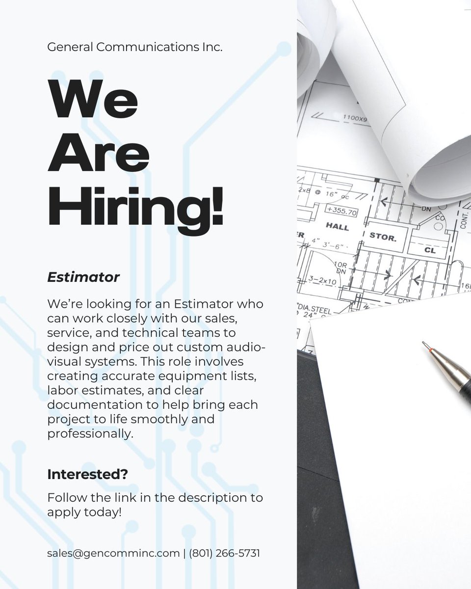 GenCommHQ's tweet image. Interested in our Estimator position? Check out the link below!
indeed.com/job/estimator-…

#gencomm #audio #visual #audiovisual #draper #utah #draperutah #ut #estimating #estimator #avestimator #business #office
