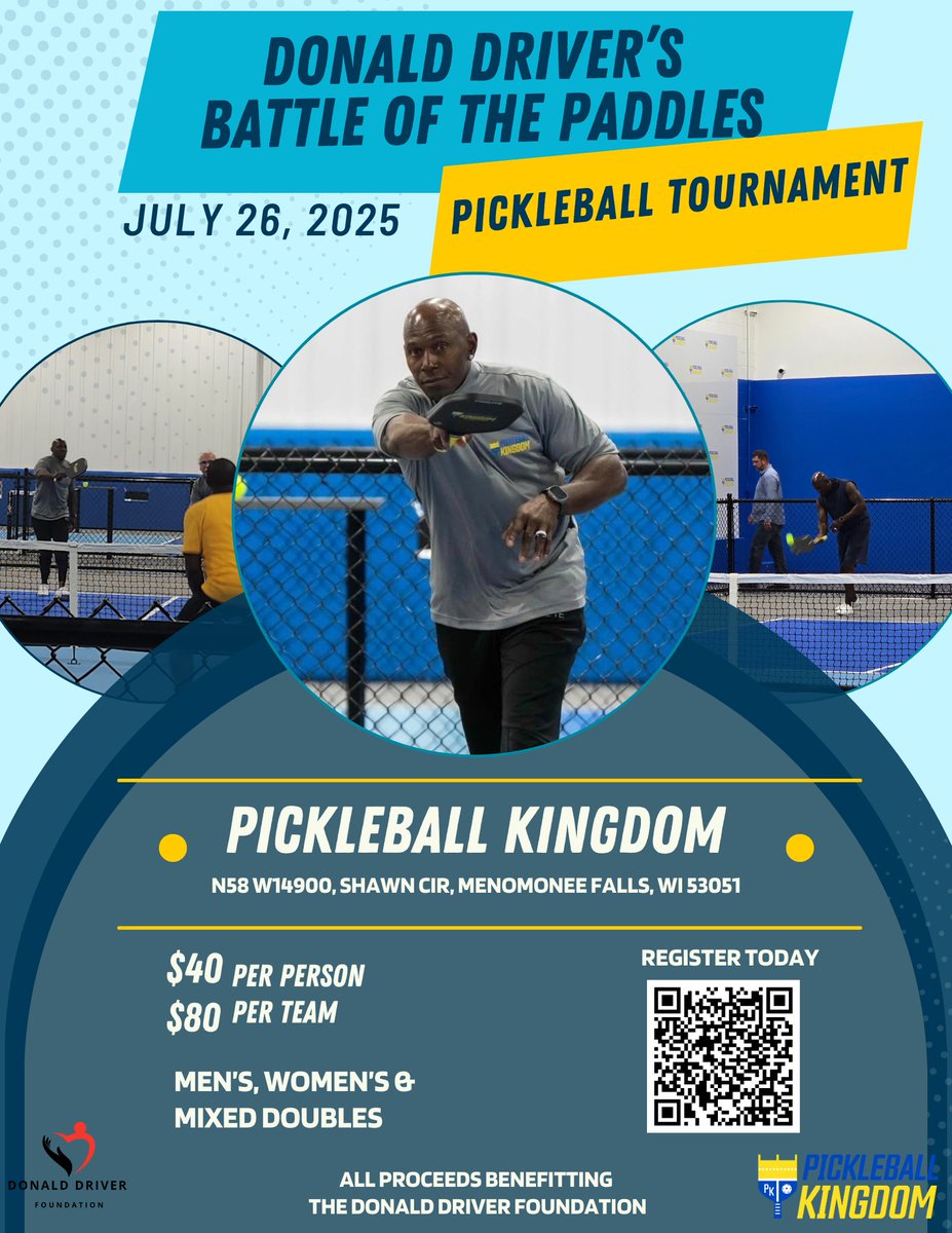 TEAM LAMMI (@team_lammi) on Twitter photo Calling all #pickleball players. You are not going to want to miss chance to see, potentially play against <a href="/packers/">Green Bay Packers</a> legend <a href="/Donald_Driver80/">Donald Driver</a> as he hosts "Battle of the Paddles" at <a href="/PBKingdomMFalls/">Pickleball Kingdom, Menomonee Falls</a> on 7/26. Proceeds go to @donalddriverfdn. Register at QR code below. See you there. Calling all #pickleball players. You are not going to want to miss chance to see, potentially play against <a href="/packers/">Green Bay Packers</a> legend <a href="/Donald_Driver80/">Donald Driver</a> as he hosts "Battle of the Paddles" at <a href="/PBKingdomMFalls/">Pickleball Kingdom, Menomonee Falls</a> on 7/26. Proceeds go to @donalddriverfdn. Register at QR code below. See you there.