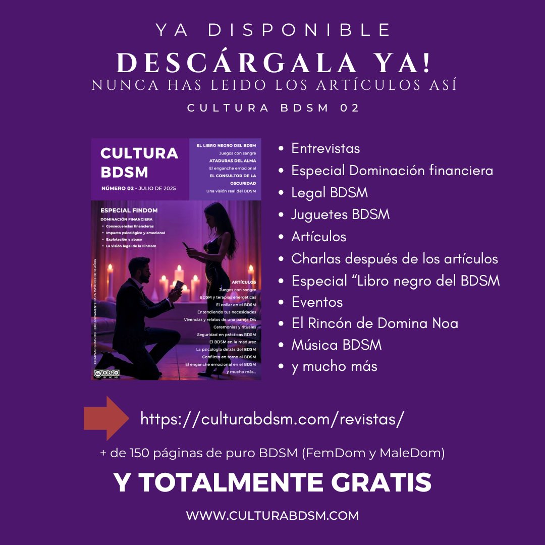Nada suave. Nada fácil. Nada disfrazado.
Cultura BDSM Nº2 trae 150 páginas de conflicto, deseo, poder, sangre, verdad.
Historias que arden, artículos que duelen, rituales que despiertan.
No es una revista. Es una herida.
📥 Gratis 👉 bit.ly/RevistaCultura…