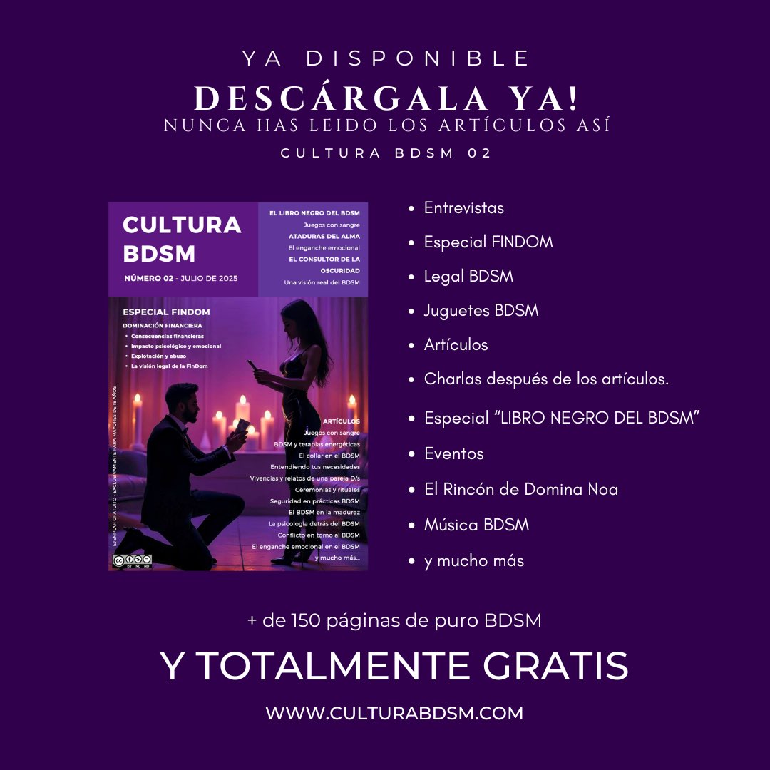Nada suave. Nada fácil. Nada disfrazado.
Cultura BDSM Nº2 trae 150 páginas de conflicto, deseo, poder, sangre, verdad.
Historias que arden, artículos que duelen, rituales que despiertan.
No es una revista. Es una herida.
📥 Gratis 👉 bit.ly/RevistaCultura…