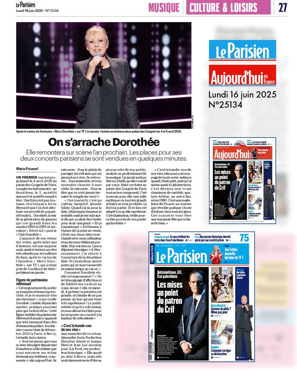 Dorothée (@dorotheeoff) on Twitter photo "Cet engouement du public m’a surprise et beaucoup touchée, et je le remercie très sincèrement. Un tel témoignage d’affection et de fidélité me va droit au cœur..."
- Dorothée, <a href="/le_Parisien/">Le Parisien</a> - 16 juin 2025 "Cet engouement du public m’a surprise et beaucoup touchée, et je le remercie très sincèrement. Un tel témoignage d’affection et de fidélité me va droit au cœur..."
- Dorothée, <a href="/le_Parisien/">Le Parisien</a> - 16 juin 2025
