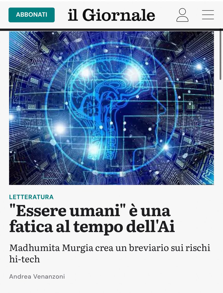 Andrea Venanzoni (@andreavenanzoni) on Twitter photo Oggi su Il Giornale parlo di “Essere umani” di Madhumita Murgia (non è parente di…), edito da <a href="/NeriPozza/">Neri Pozza</a>; un libro che si inserisce nel solco di “Automating Inequality” di Virginia Eubanks e di quei volumi che affrontano il tema delle esternalità sociali dell’alta tecnologia. Oggi su Il Giornale parlo di “Essere umani” di Madhumita Murgia (non è parente di…), edito da <a href="/NeriPozza/">Neri Pozza</a>; un libro che si inserisce nel solco di “Automating Inequality” di Virginia Eubanks e di quei volumi che affrontano il tema delle esternalità sociali dell’alta tecnologia.
