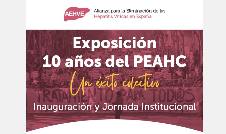 Se cumplen 10 años del PEAHC, frutos del a <a href="/cerohepatitis/">AEHVE</a>. Con motivo de ello se celebrará una exposición y una jornada institucional en el <a href="/Congreso_Es/">Congreso</a>  en la que tenemos el placer de participar. 
Será el próximo 2 de julio.
Programa completo en:
lnkd.in/d2ADbtYm