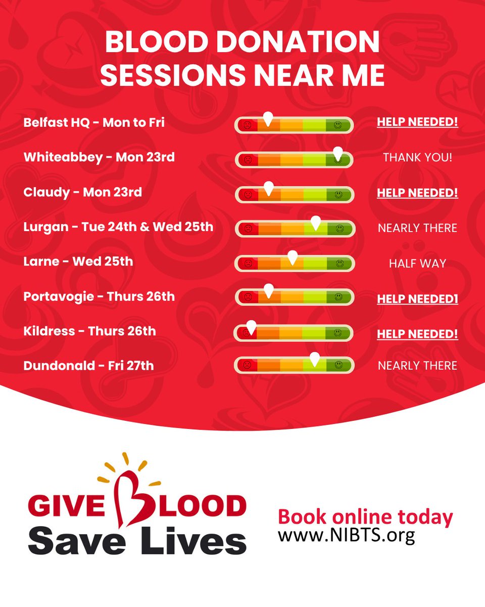 Give blood this week! Click the link in our bio to book ✨🩸

✅ Belfast - Mon-Fri
✅ Whiteabbey – Mon 23rd
✅ Claudy – Mon 23rd
✅ Lurgan – Tue 24th &amp; Wed 25th
✅ Larne – Wed 25th
✅ Portavogie – Thurs 26th
✅ Kildress – Thurs 26th
✅ Dundonald – Fri 27th

#GiveBlood #SaveLives