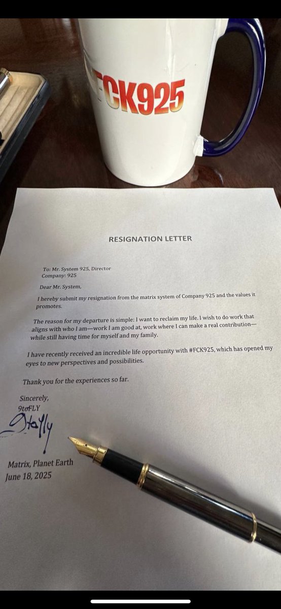 RESIGNATION LETTER
✅ Escape the matrix
✅ Copy this format
✅ Tokenised Freedom
✅ You’re worth more 
✅ Reject societal norms
✅ FCK925