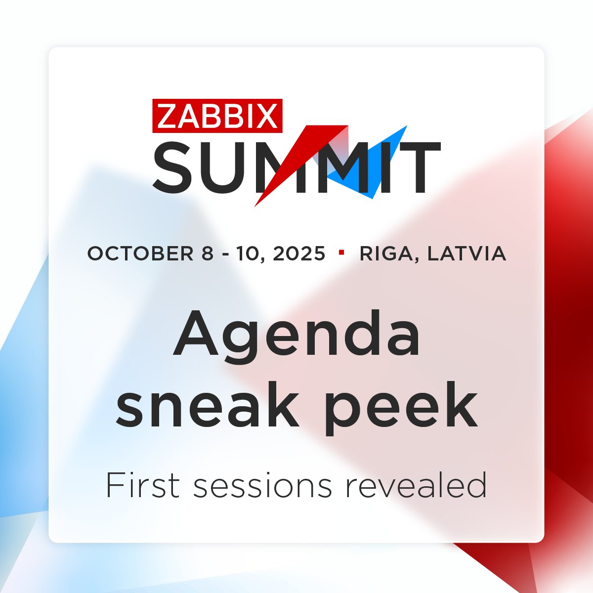 Agenda sneak peek is here! 🚨 First #ZabbixSummit2025 talks revealed: AI, security, scaling, and more. Full program coming soon.

Super Early Bird tickets (up to -50%) end June 30 → zabbix.com/events/zabbix_…