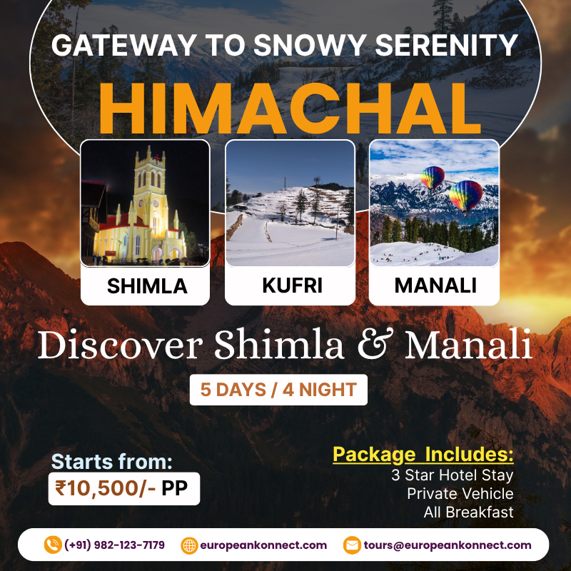 EuropeanKonnect's tweet photo. Breathe in the fresh mountain air, stroll through charming streets, and witness snow-kissed peaks in two of Himachal’s most iconic destinations – Shimla &amp; Manali! 

🚌 5 Days / 4 Nights
📍 Kufri | Solang Valley | Mall Road | Hadimba Temple | Snow Adventures &amp; More! https://t.co/yOPjoBWMKW