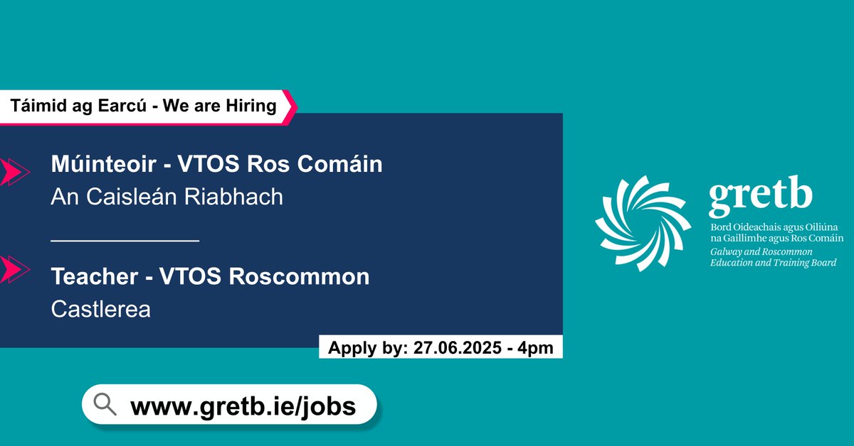 Táimid ag Earcú - Now Hiring! 

📌 Múinteoir - VTOS Ros Comáin - An Caisleán Riabhach

📌 Teacher - VTOS Roscommon - Castlerea

Apply to: bit.ly/3ZBKE9E 

Dáta deiridh/Closing Date: 27/06/2025 - 4p.m.

#GRETB #WeAreGRETB #RoscommonJobs