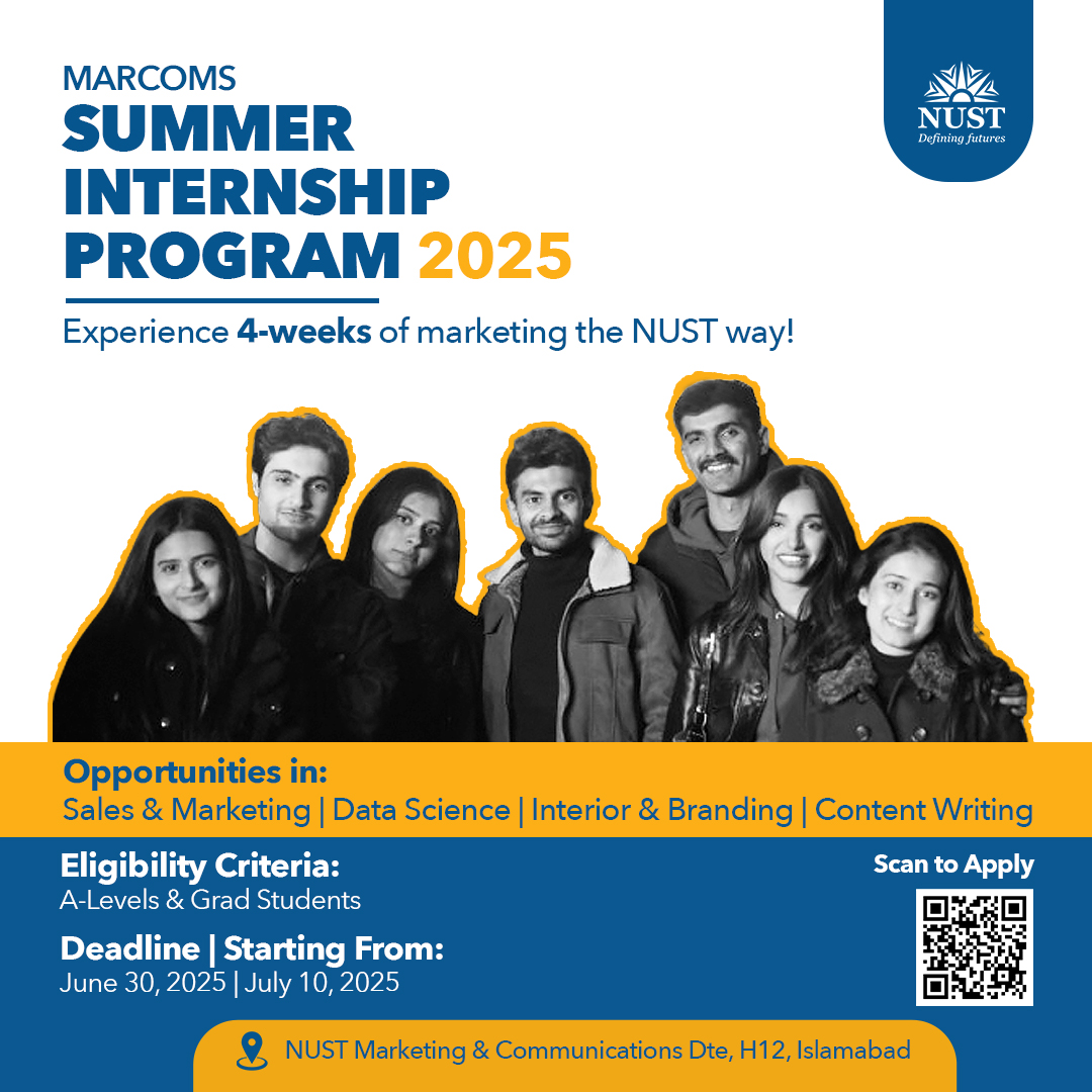 ThisIsNUST's tweet image. NUST Marketing & Communications invites passionate A Level/Intermediate/Undergraduate students to join a 4-week immersive learning journey.
Apply here: phttps://forms.gle/rX7pHr5EBrX8Apyf8
#DefiningFutures #SummerInternshipProgram