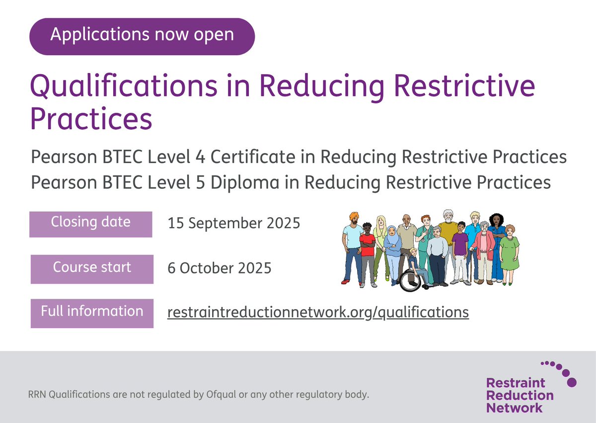 theRRNetwork's tweet image. Applications are open for the Autumn cohort of our BTEC Level 4 Certificate and Level 5 Diploma qualifications in Reducing Restrictive Practices, starting in October 2025.
Find out more and apply by 15 September here: restraintreductionnetwork.org/qualifications/