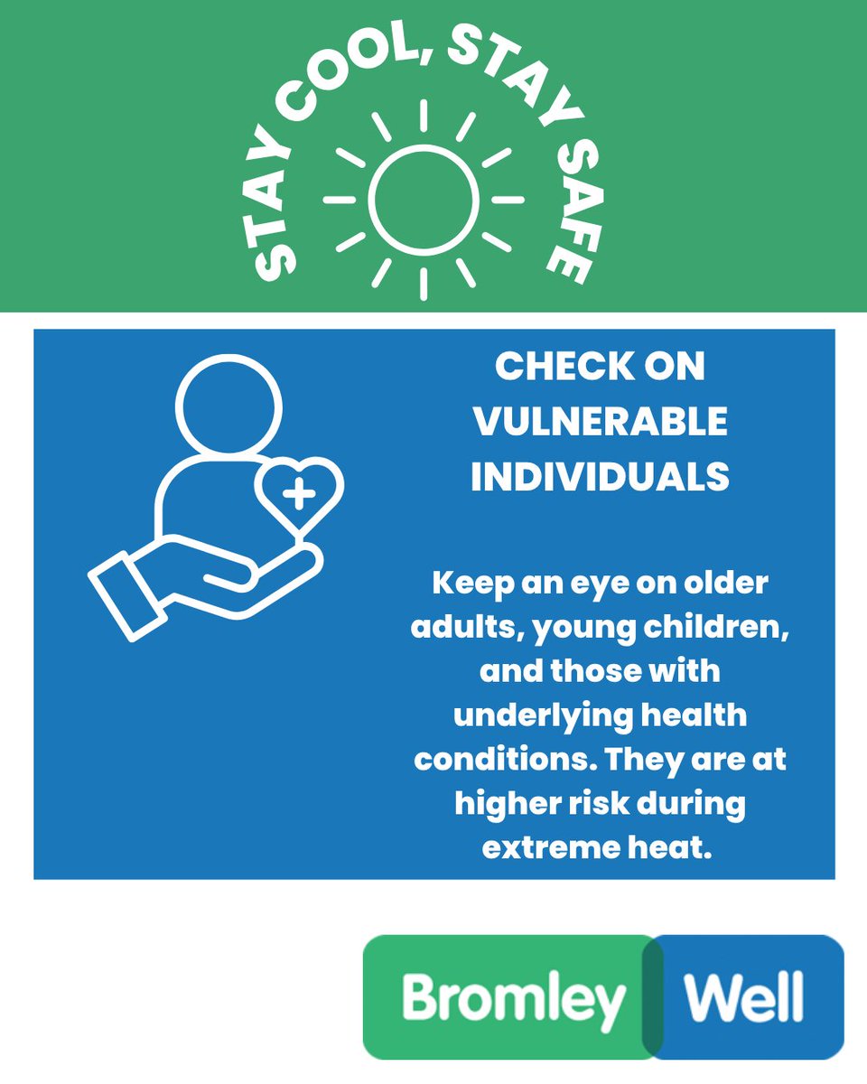 A yellow alert has been issued for Bromley from today - Saturday. Stay safe with these tips:
💧 Drink water regularly
🕒 Avoid sun 11am–3pm
🏠 Keep your home cool
👥 Check on vulnerable individuals

More tips 👉 nhs.uk/heatwave
#Heatwave @bromleymencap @onebromley