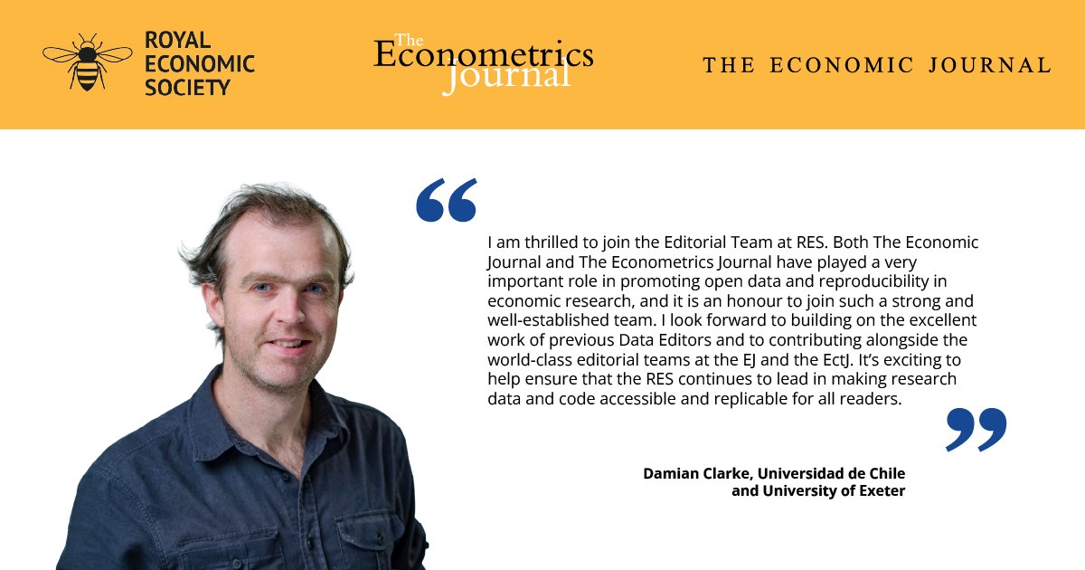 Royal Economic Society (@royaleconsoc) on Twitter photo ๐ฃ We're excited to welcome Damian Clarke as the new Data Editor for <a href="/EJ_RES/">The Economic Journal</a> & The Econometrics Journal starting 1 July!
Huge thanks to <a href="/FlorianOswald/">Florian Oswald ๐ช๐บ ๐บ๐ฆ</a> for his outstanding work.
๐ More info: shorturl.at/igXCz
#RESJournals #EJ #EctJ #EconTwitter ๐ฃ We're excited to welcome Damian Clarke as the new Data Editor for <a href="/EJ_RES/">The Economic Journal</a> & The Econometrics Journal starting 1 July!
Huge thanks to <a href="/FlorianOswald/">Florian Oswald ๐ช๐บ ๐บ๐ฆ</a> for his outstanding work.
๐ More info: shorturl.at/igXCz
#RESJournals #EJ #EctJ #EconTwitter