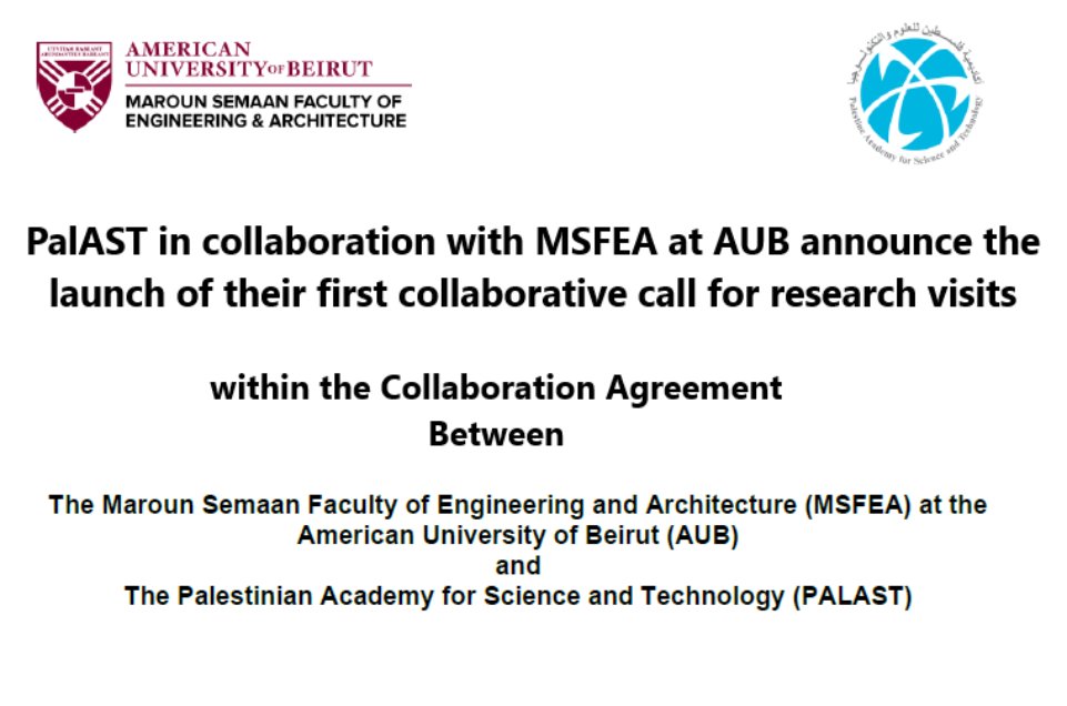 📌PalAST in collaboration with MSFEA at AUB announce the launch of their first collaborative call for #research_visit
<a href="/PalestineAST/">PalAST</a>
and
<a href="/MSFEA_AUB/">MSFEA</a>
at
<a href="/AUB_Lebanon/">American University of Beirut</a>
announce the #launch of their first collaborative call for #research_visits. 📷palast.ps/en/news/palast…
…Please share