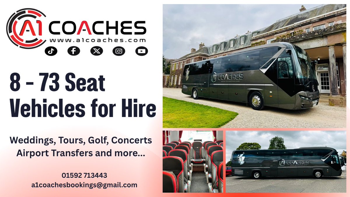 🚍 Explore Scotland in comfort with A1 Coaches!
📍Based in Fife | Serving St Andrews, Dundee, Edinburgh
💒 Weddings | 🏴 Tours | ✈️ Airport | 🎶 Events | 🏌️ Golf
📞 01592 713443
🌐 a1coaches.com
📧 a1coachesbookings@gmail.com
#CoachHireFife #ScottishTours #A1Coaches