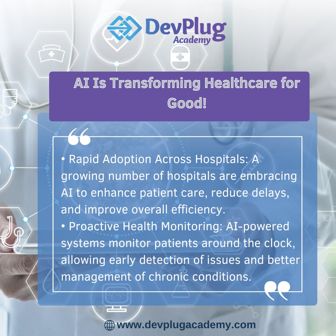 DevPlug3's tweet photo. AI is revolutionizing healthcare ,from faster diagnoses to personalized treatments, it’s transforming lives for the better. 💡🩺#HealthTech #FutureOfMedicine https://t.co/sbpndBDROy