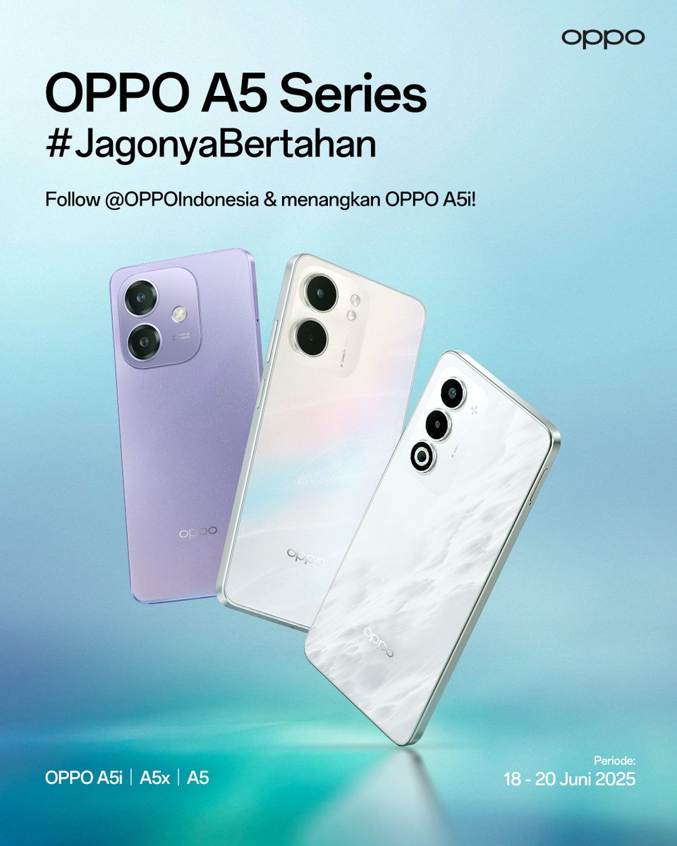 OPPO Indonesia (@oppoindonesia) on Twitter photo MENANGKAN 1 Unit OPPO A5i* 🎁
Sambut peluncuran #OPPOA5Series dengan ikut kuis seru berhadiah!
1️⃣ Follow akun <a href="/OPPOIndonesia/">OPPO Indonesia</a>
2️⃣ Repost dan Reply postingan ini
3️⃣ Jawab pertanyaan berikut di kolom komentar:
“Mengapa OPPO A5 Series yang #JagoTahanBanting cocok untuk kamu?”
4️⃣ MENANGKAN 1 Unit OPPO A5i* 🎁
Sambut peluncuran #OPPOA5Series dengan ikut kuis seru berhadiah!
1️⃣ Follow akun <a href="/OPPOIndonesia/">OPPO Indonesia</a>
2️⃣ Repost dan Reply postingan ini
3️⃣ Jawab pertanyaan berikut di kolom komentar:
“Mengapa OPPO A5 Series yang #JagoTahanBanting cocok untuk kamu?”
4️⃣