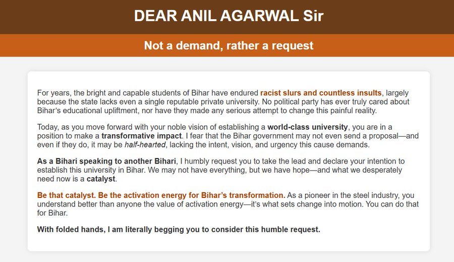 पीयूष (@picikr) on Twitter photo Dear <a href="/AnilAgarwal_Ved/">Anil Agarwal</a> Sir,
it's not a demand, rather a request as a Bihari speaking to another Bihari, be the catalyst, be the activation energy for Bihar's transformation.
#VedantaUniversityInBihar Dear <a href="/AnilAgarwal_Ved/">Anil Agarwal</a> Sir,
it's not a demand, rather a request as a Bihari speaking to another Bihari, be the catalyst, be the activation energy for Bihar's transformation.
#VedantaUniversityInBihar
