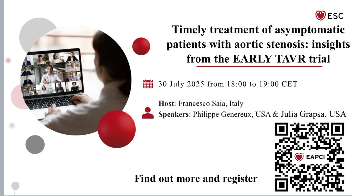 Julia Grapsa MD, PhD (@jgrapsa) on Twitter photo Keep this date on your calendars 📆 #EAPCI <a href="/escardio/">European Society of Cardiology</a>
Webinar on EARLY TAVR trial with myself <a href="/saia_francesco/">Francesco Saia</a> <a href="/PhilGenereuxMD/">Philippe Genereux</a> on 30th of July
Register with QR code ⬇️
<a href="/KardiologieHH/">Erik Rafflenbeul</a> <a href="/EAPCIPresident/">EAPCIPresident</a> <a href="/nickaram/">Nicole Karam, MD, PhD, FESC</a> <a href="/BenekiEirini/">Eirini Beneki</a> <a href="/bebulwer/">Bernard E Bulwer</a> <a href="/argulian/">Edgar Argulian</a> <a href="/AVamvakidou/">Anastasia Vamvakidou</a> <a href="/BrighamFellows/">Brigham & Women's CV Fellows</a> Keep this date on your calendars 📆 #EAPCI <a href="/escardio/">European Society of Cardiology</a>
Webinar on EARLY TAVR trial with myself <a href="/saia_francesco/">Francesco Saia</a> <a href="/PhilGenereuxMD/">Philippe Genereux</a> on 30th of July
Register with QR code ⬇️
<a href="/KardiologieHH/">Erik Rafflenbeul</a> <a href="/EAPCIPresident/">EAPCIPresident</a> <a href="/nickaram/">Nicole Karam, MD, PhD, FESC</a> <a href="/BenekiEirini/">Eirini Beneki</a> <a href="/bebulwer/">Bernard E Bulwer</a> <a href="/argulian/">Edgar Argulian</a> <a href="/AVamvakidou/">Anastasia Vamvakidou</a> <a href="/BrighamFellows/">Brigham & Women's CV Fellows</a>