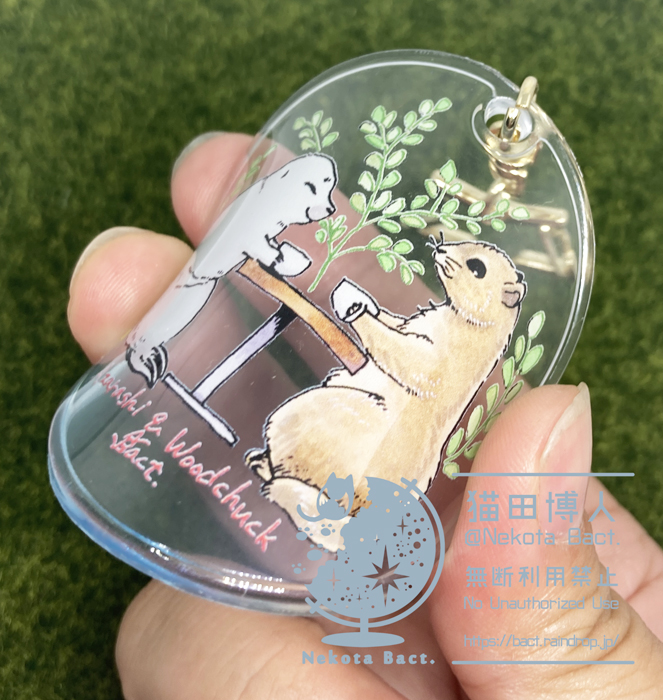 【💫猫田博人展 NEWグッズ✨】

◆アザラシ＆ウッドチャック・やわらかキーホルダー　

サイズ：60mm×60mm
アザラシと、カフェの看板動物・ウッドチャックがカフェしてるところのキーホルダーです。
クリアでやわらかい素材です。
背景は透けています。

#猫田博人展