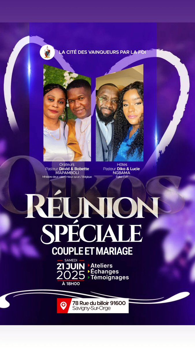 DMapamboli's tweet photo. 📣 RÉUNION SPÉCIALE : OIKOS : du Célibat au Mariage 💍❤️
Tu es célibataire, fiancé(e), jeune adulte ou déjà en couple ? Ce rendez-vous est pour TOI ! 🔥
🗓️ Samedi 21 et dimanche 22 juin
📍 Église CVF, 78 rue du Billoir 91600 Savigny-sur-Orge 
⏰ Samedi à 14h et Dimanche à 10h00. https://t.co/aplZUdWolq