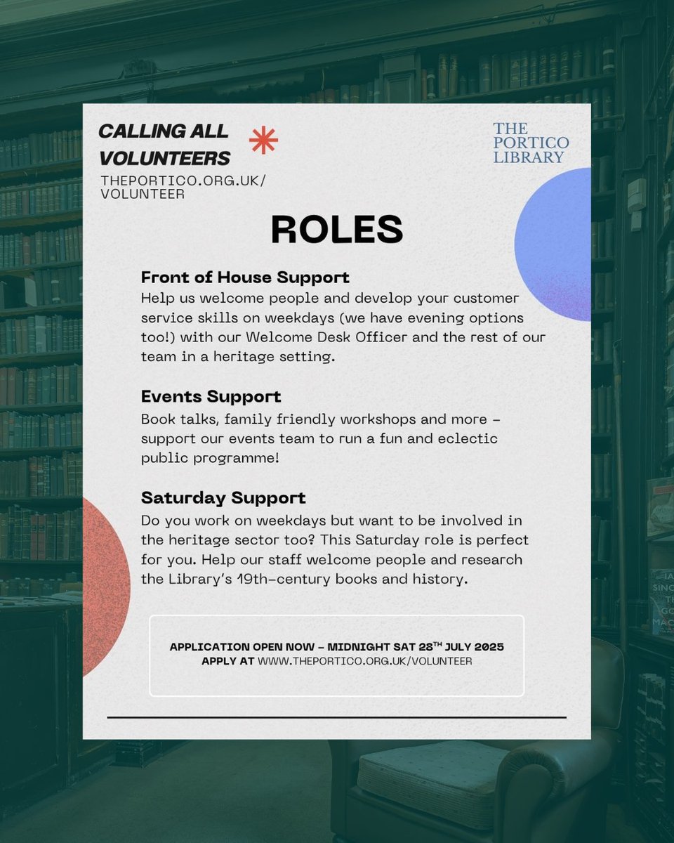 The Portico Library volunteer recruitment window is open for 2025!   

We are looking for some new faces to join the team across a variety of roles at what is an incredibly exciting time in the library's long history...

theportico.org.uk/volunteer?fbcl…