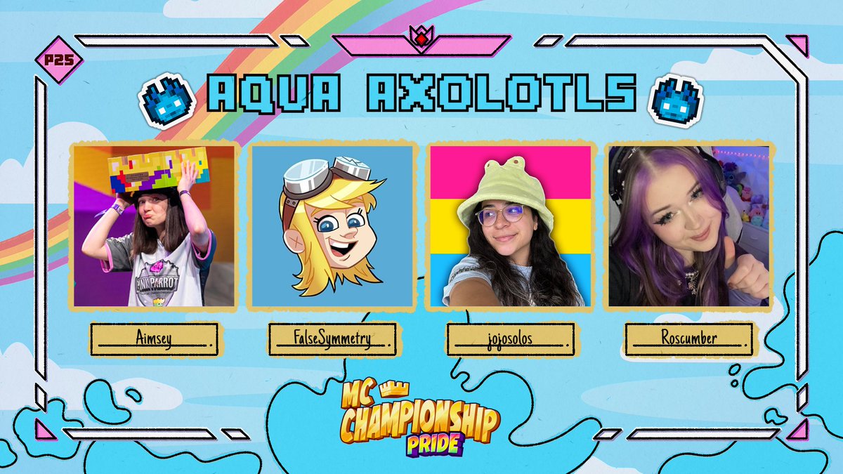 MCChampionship_'s tweet image. 👑 Announcing team Aqua Axolotls 👑

@aimseytv @falsesymmetry @jojosolos @Roscumber

Watch them in MCC on Saturday 28th June at 8pm BST!