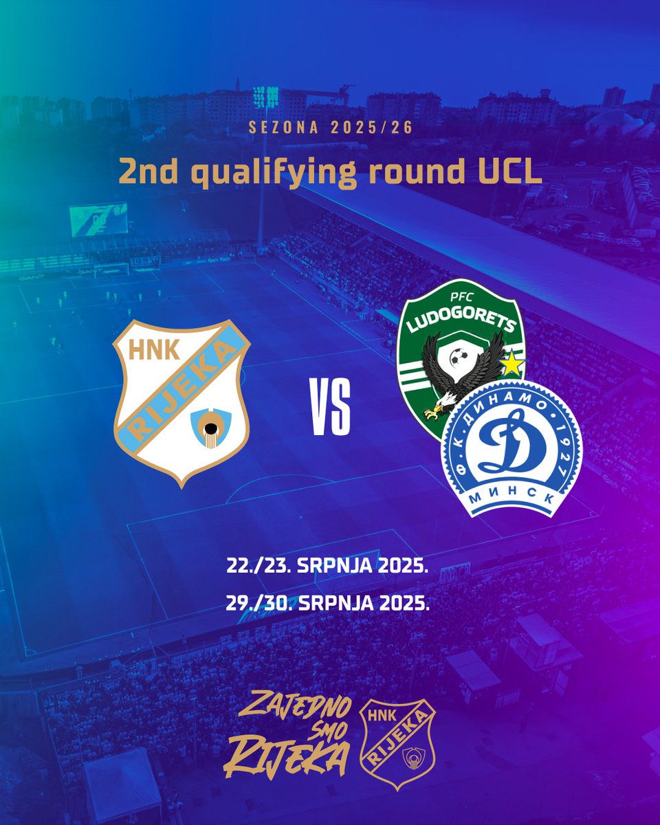 🦈 Bugarski Ludogrets ili bjeloruski Dinamo Minsk bit će suparnik Rijeke u 2. pretkolu Lige prvaka 🔵⚪

#ZajednosmoRijeka #HNKRijeka #UCL
