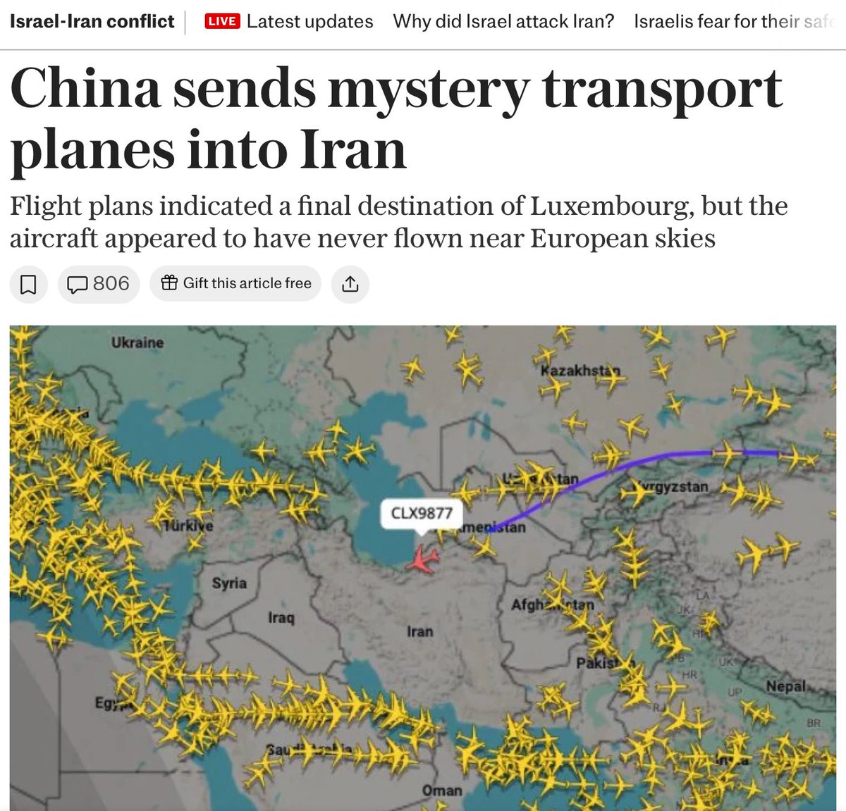 Ed ecco finalmente scoperto chi non è rimasto “inerte” ma ha aiutato il popolo iraniano, “nel momento più difficile” (evidentemente non sono i russi).

La Cina ha mandato e continua a mandare dei misteriosi aerei cargo formalmente diretti in Lussemburgo, ma che scompaiono una